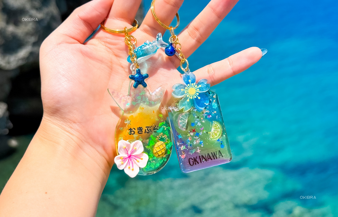 沖縄県恩納村 work studio kirara 手作り体験 レジンアート キーホルダー作り 真珠取り出し体験